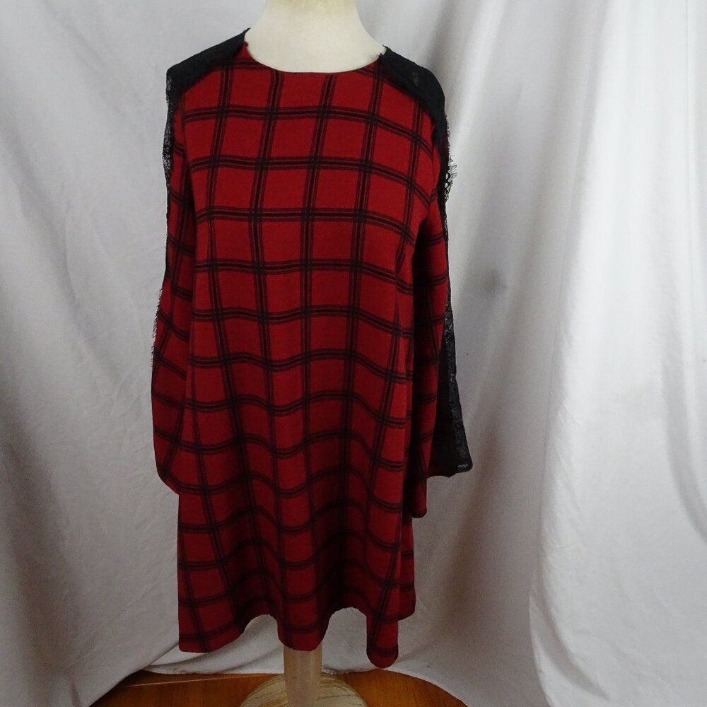 Gianni Bini Plaid and Black Lace Dress Size L